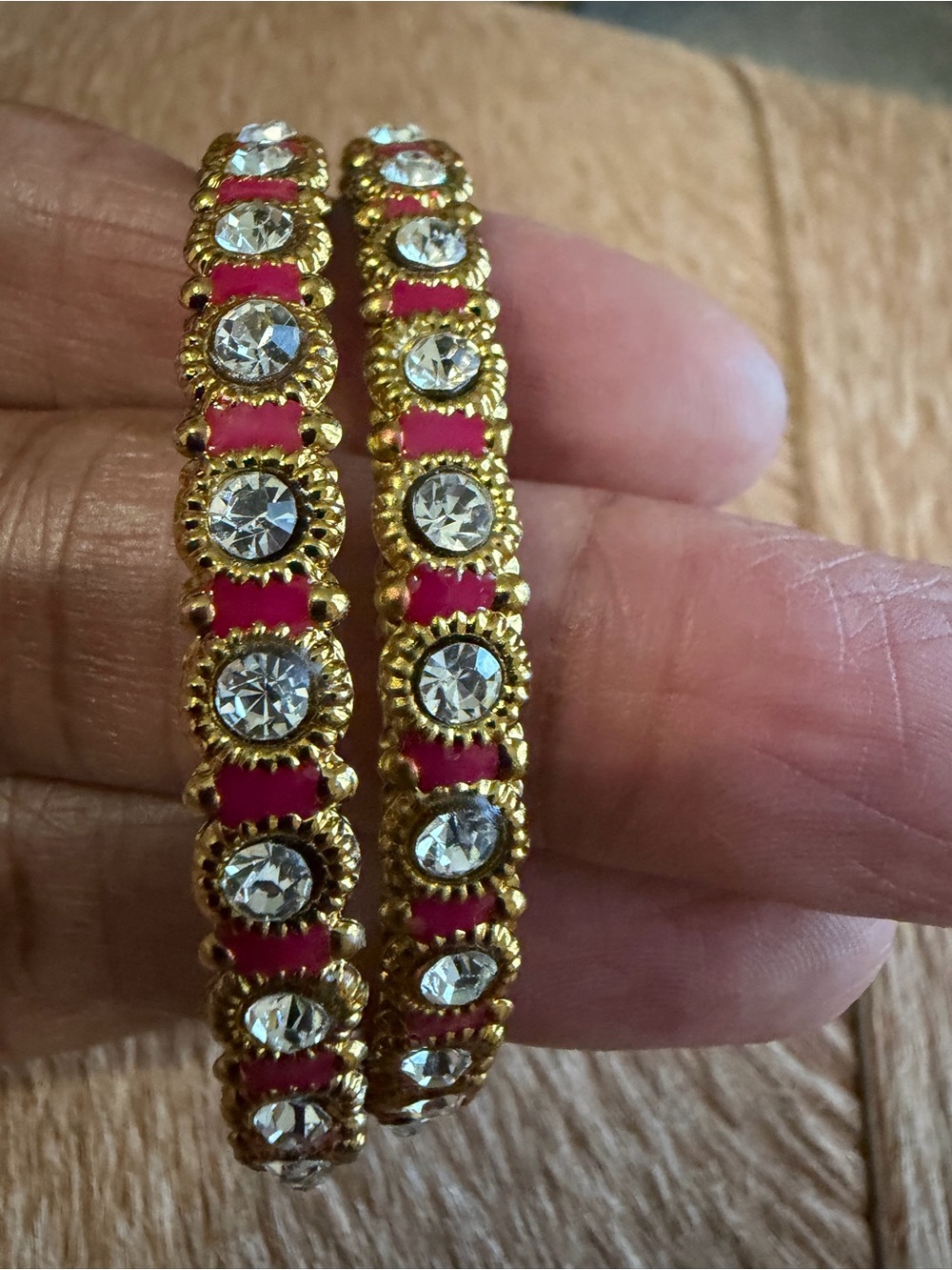Indian Style Gold-Tone Bracelets with Red Enamel and Clear Crystals